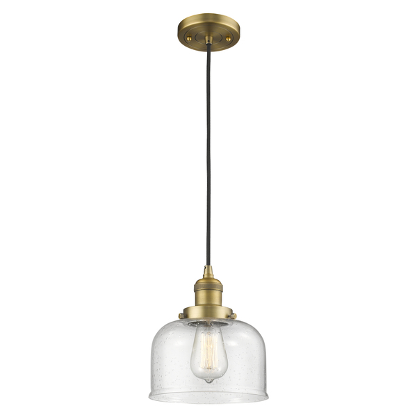 Innovations Lighting Large Bell Vintage Dimmable Led 12" Brushed Brass Mini Pendant With Seedy Glass 201C-BB-G74-L-LED